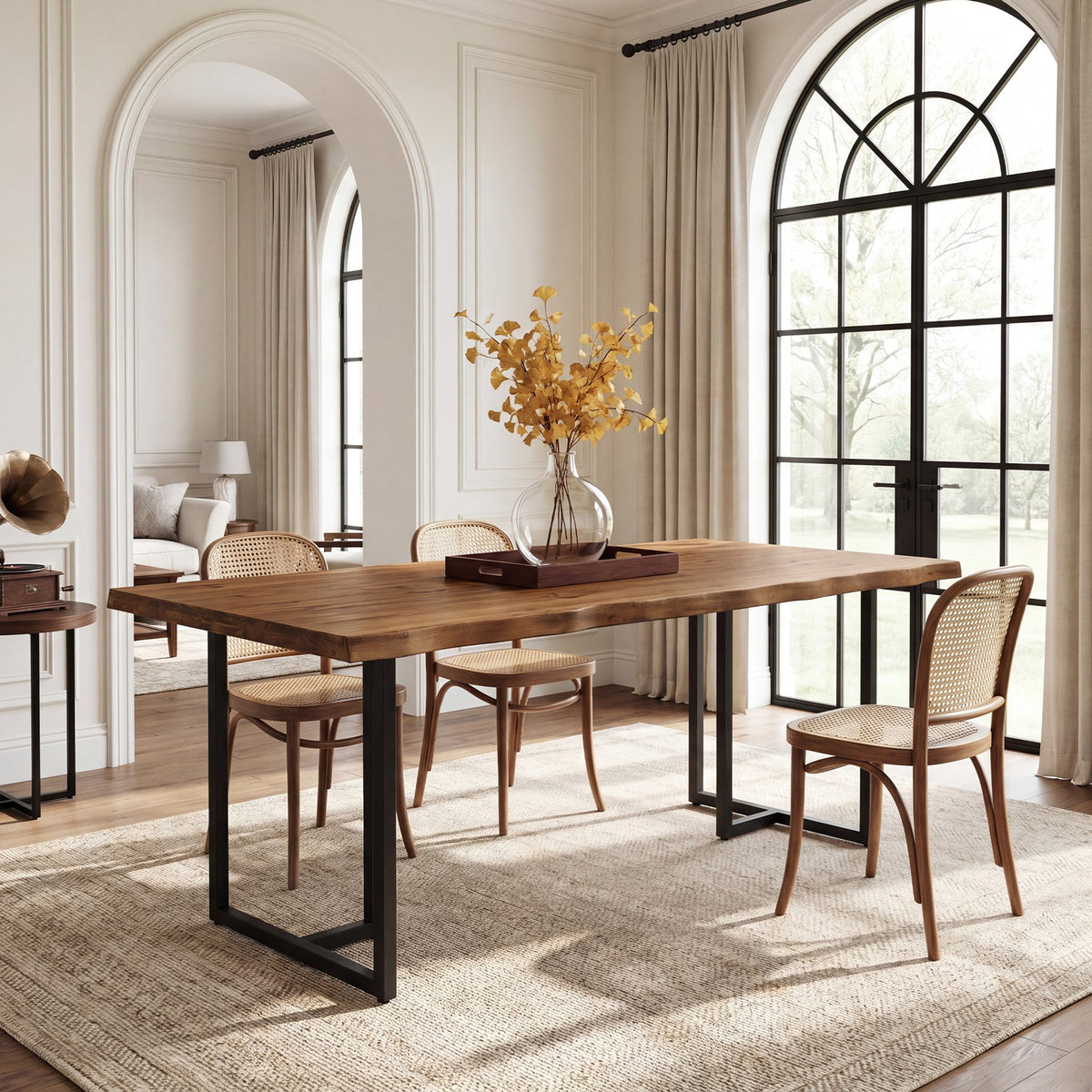 63-Inch Solid Wood Dining Table with Live-Edge Inspired Top and Metal U-Frame, Industrial Kitchen Table for 4-6 People