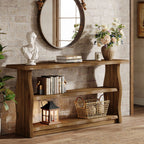 63-Inch Solid Wood Console Table with 3-Tier Open Storage, Rustic Pinewood Entryway Table for Hallway