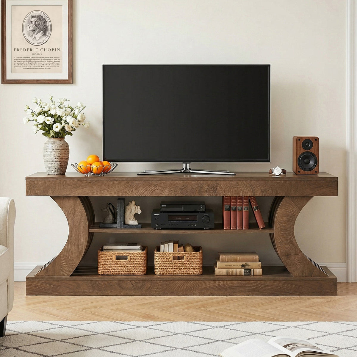 63-Inch Farmhouse TV Stand with 3-Tier Storage, Curved Entertainment Center for Living Room and Bedroom
