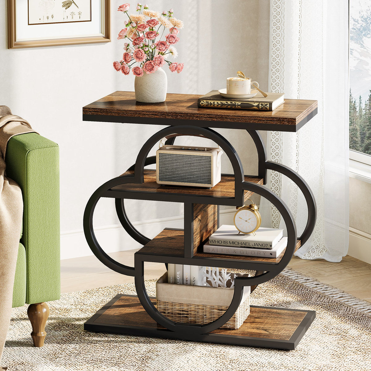 4-Tier Narrow Side Table with Curved Metal Frame and Storage Shelves