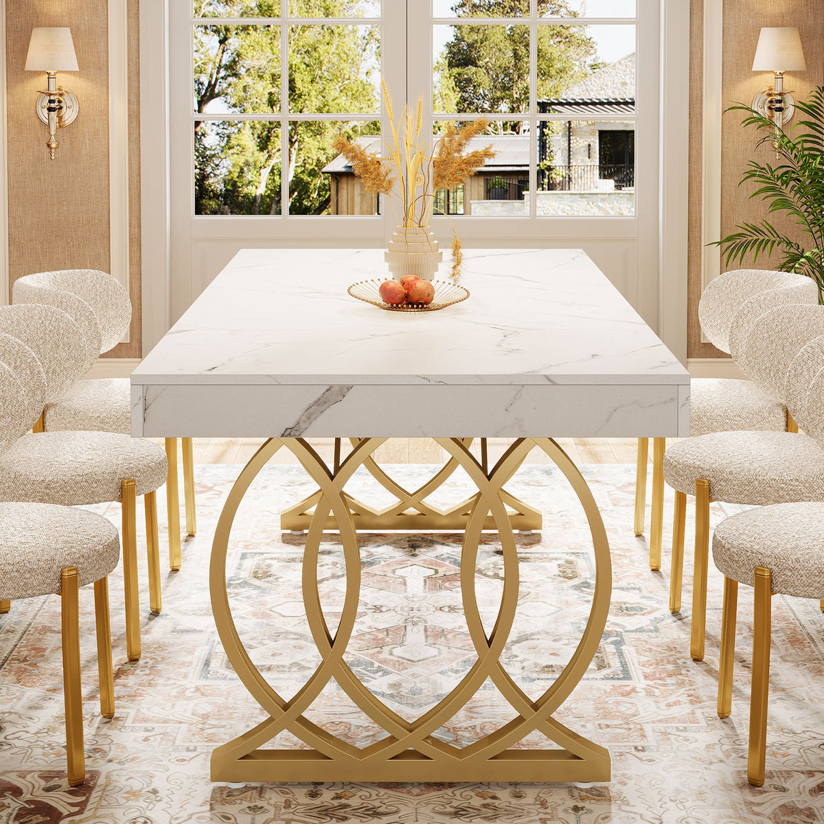 63-Inch Modern Dining Table for 4-6 People, Faux Marble Kitchen Table with Gold Legs