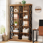 75-Inch Tall Double Wide Bookcase, 6-Tier Industrial Bookshelf with X-Pattern Frame