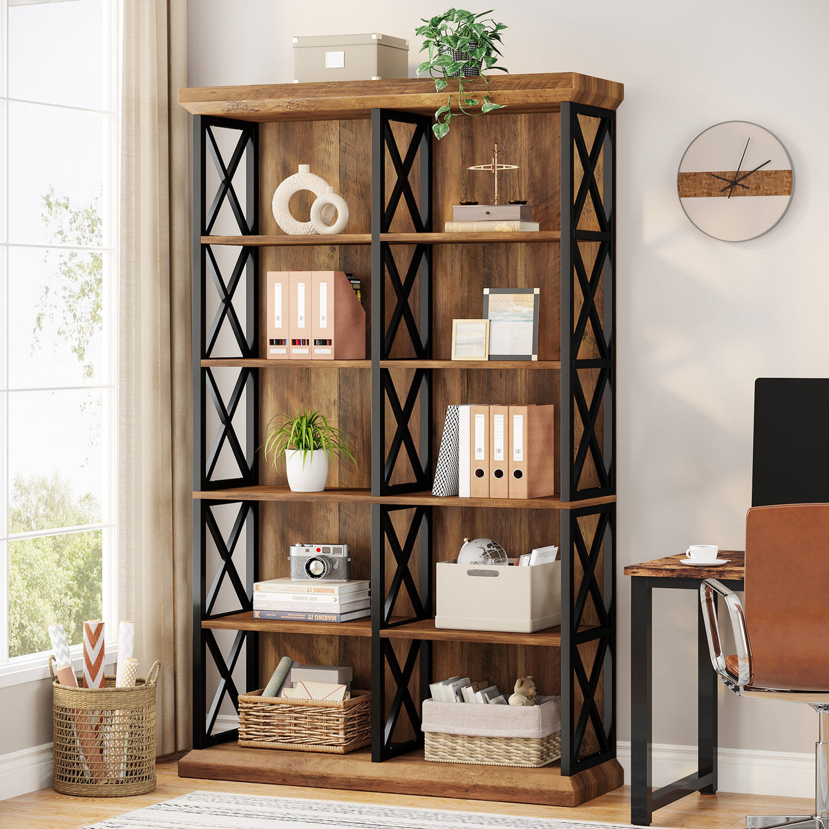 75-Inch Tall Double Wide Bookcase, 6-Tier Industrial Bookshelf with X-Pattern Frame