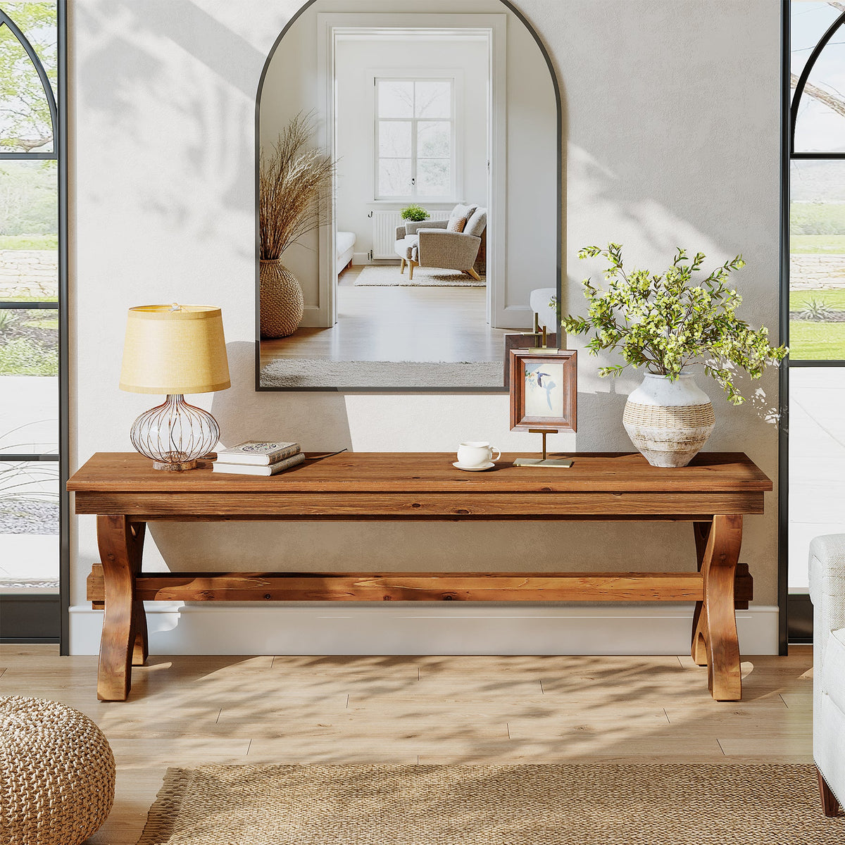 55 Inch Solid Wood Entryway Bench for 2, Farmhouse Narrow Seat for Hallway and Bedroom