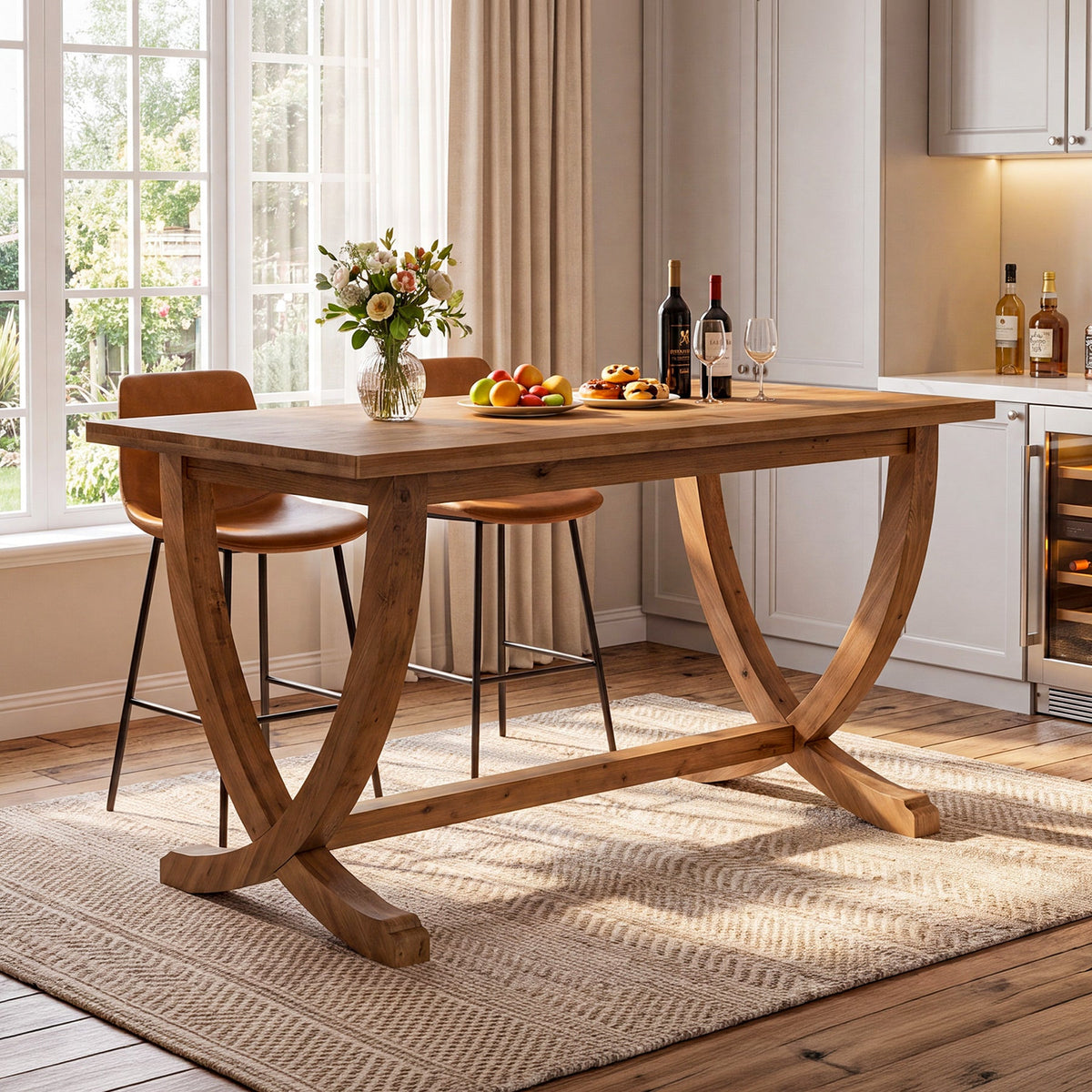 59 Inch Solid Wood Counter Height Dining Table with Footrest, Farmhouse Bar Table for 4-6