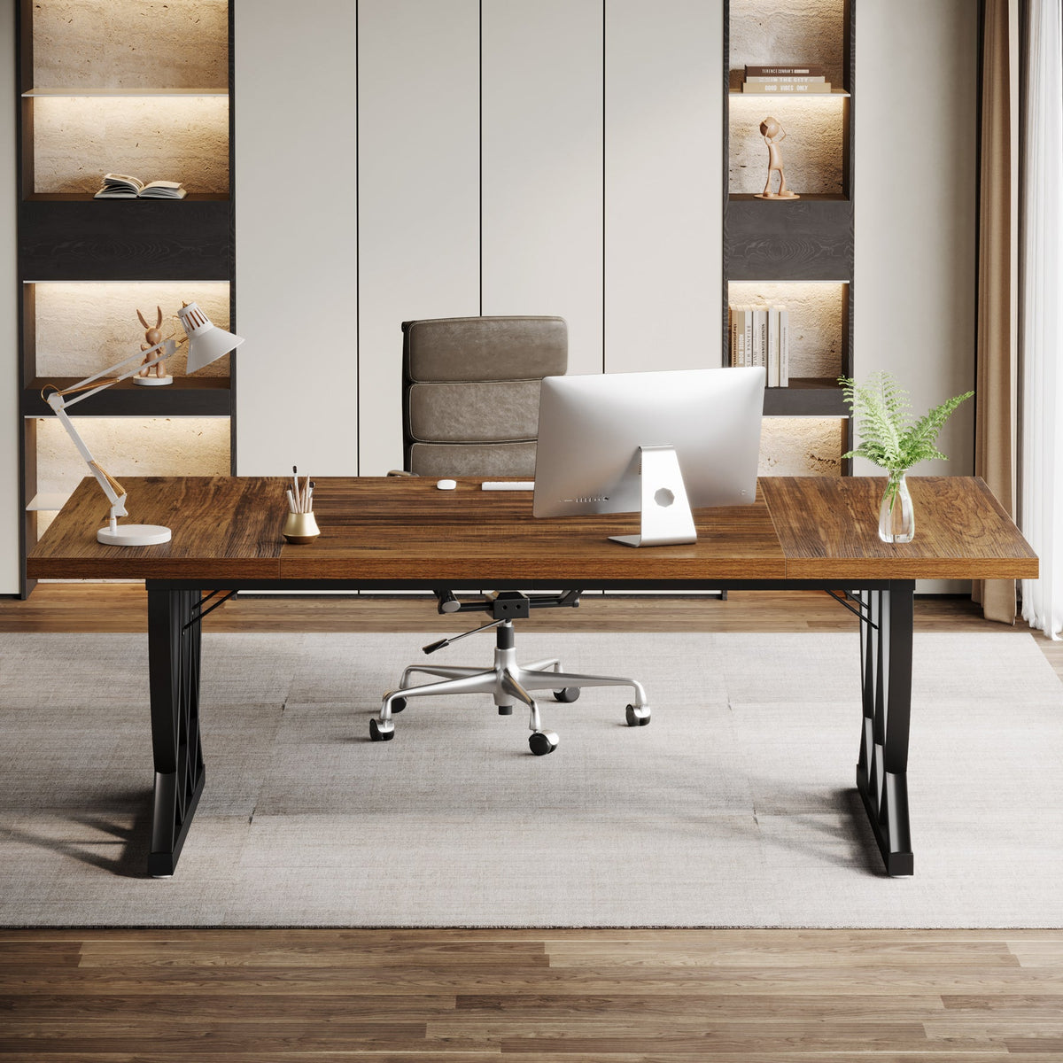 70.86-Inch Executive Desk, Large Home Office Computer Desk with Trestle Metal Frame for Study and Writing