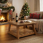 31.5 Inch Solid Wood Square Coffee Table, Farmhouse Centre Table with Storage Shelf
