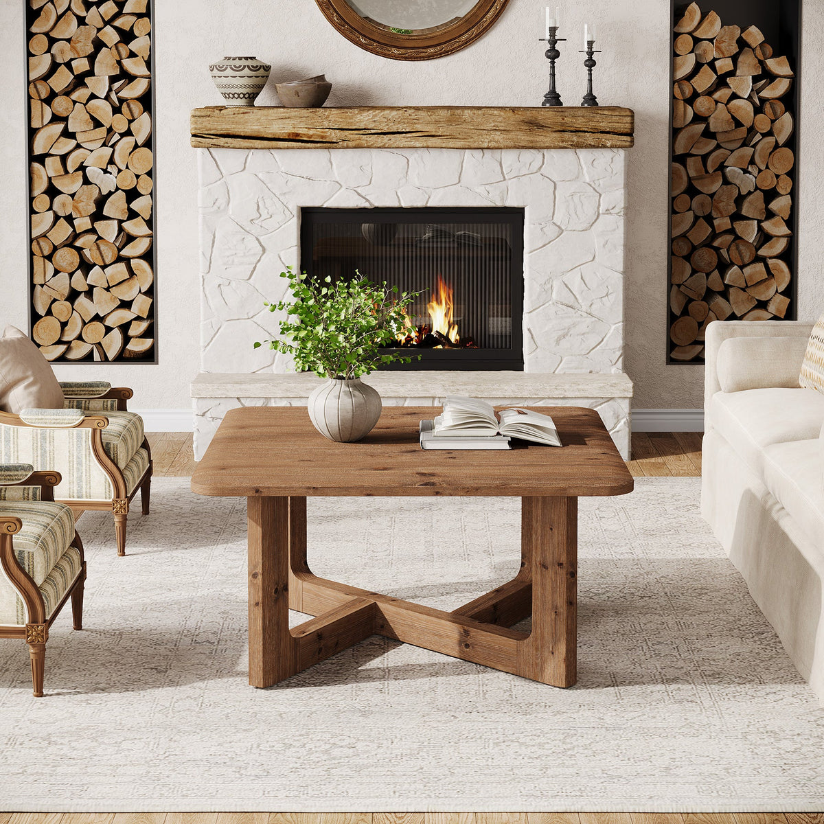 31.5 Inch Square Solid Wood Coffee Table, Farmhouse Living Room Table with Sturdy Base