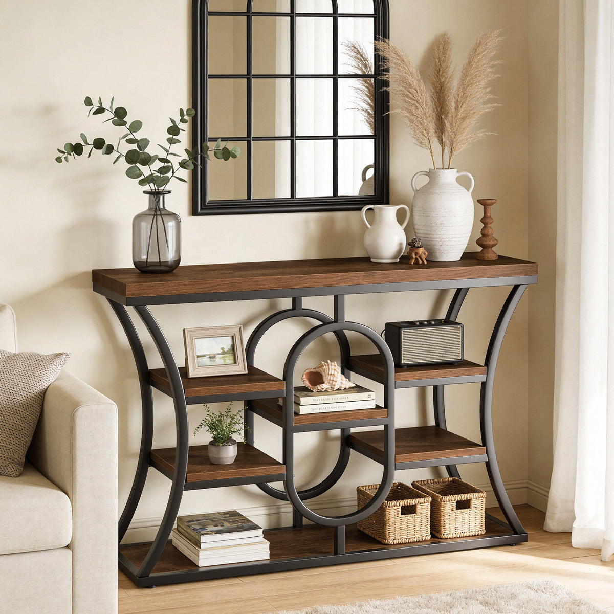 41.3" Sofa Table, Industrial Console Table with Shelves