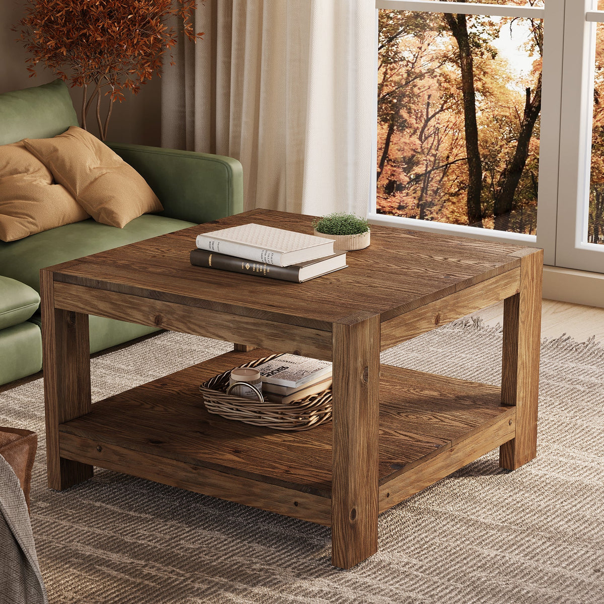 31.5-Inch Square Farmhouse Coffee Table with Storage Shelf, Solid Wood Center Table for Living Room