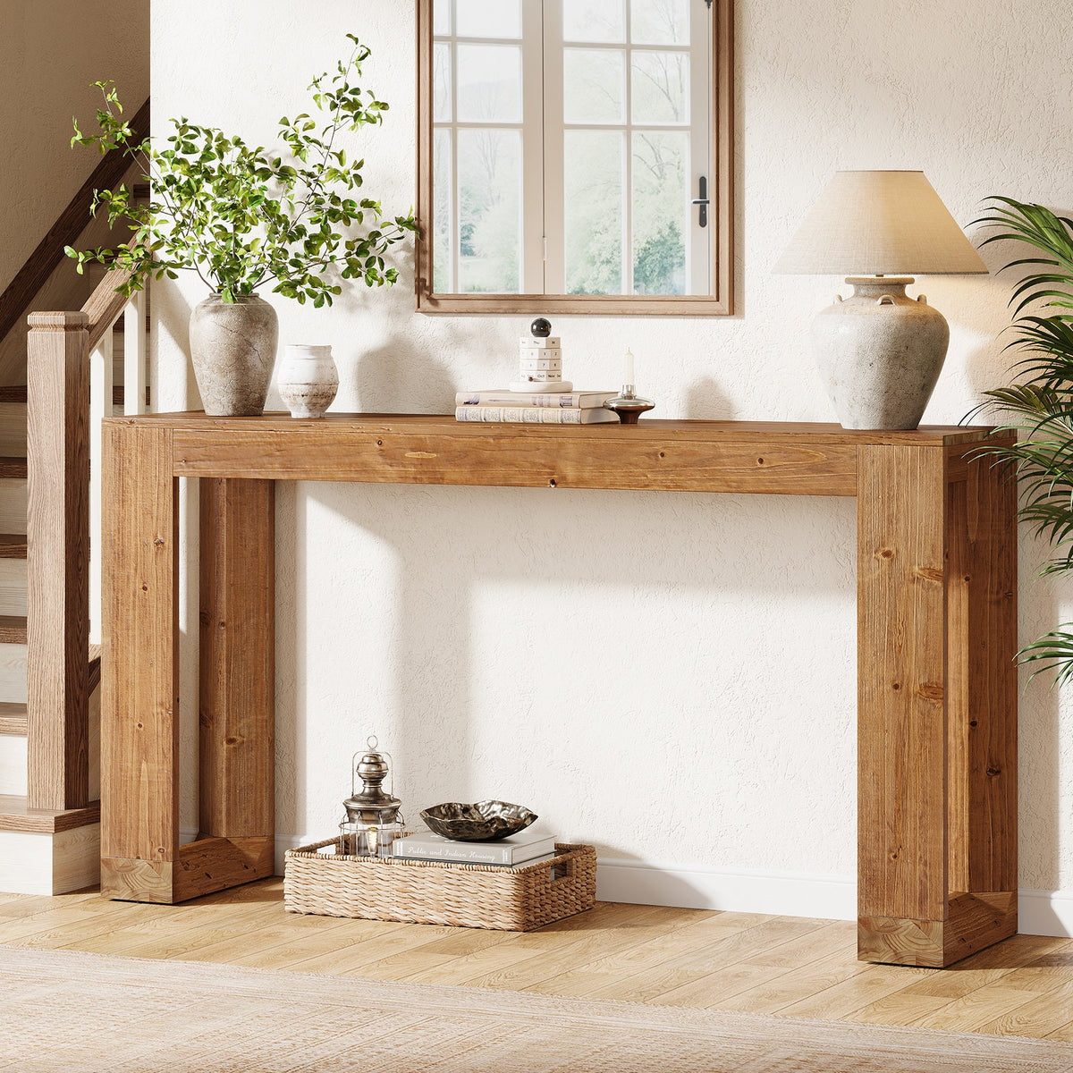 63-Inch Farmhouse Console Table with Reinforced Base, Solid Wood Sofa Table for Entryway Study and Living Room