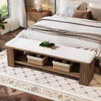63 Inch Solid Wood Bench with Removable Faux Lambswool Cushion, Farmhouse End of Bed Seat