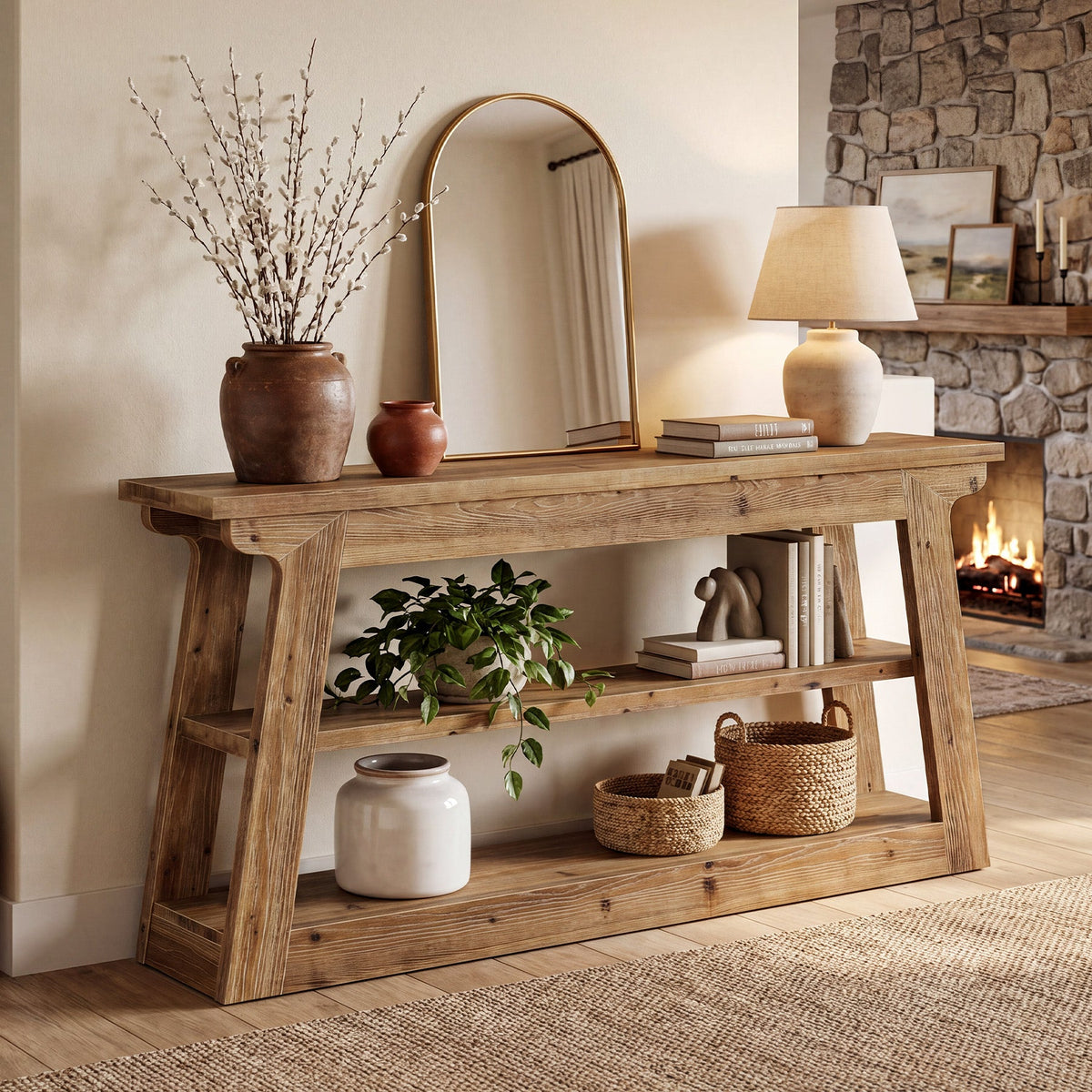 63-Inch Solid Wood Console Table with 3-Tier Storage, Farmhouse Hallway Entry Table