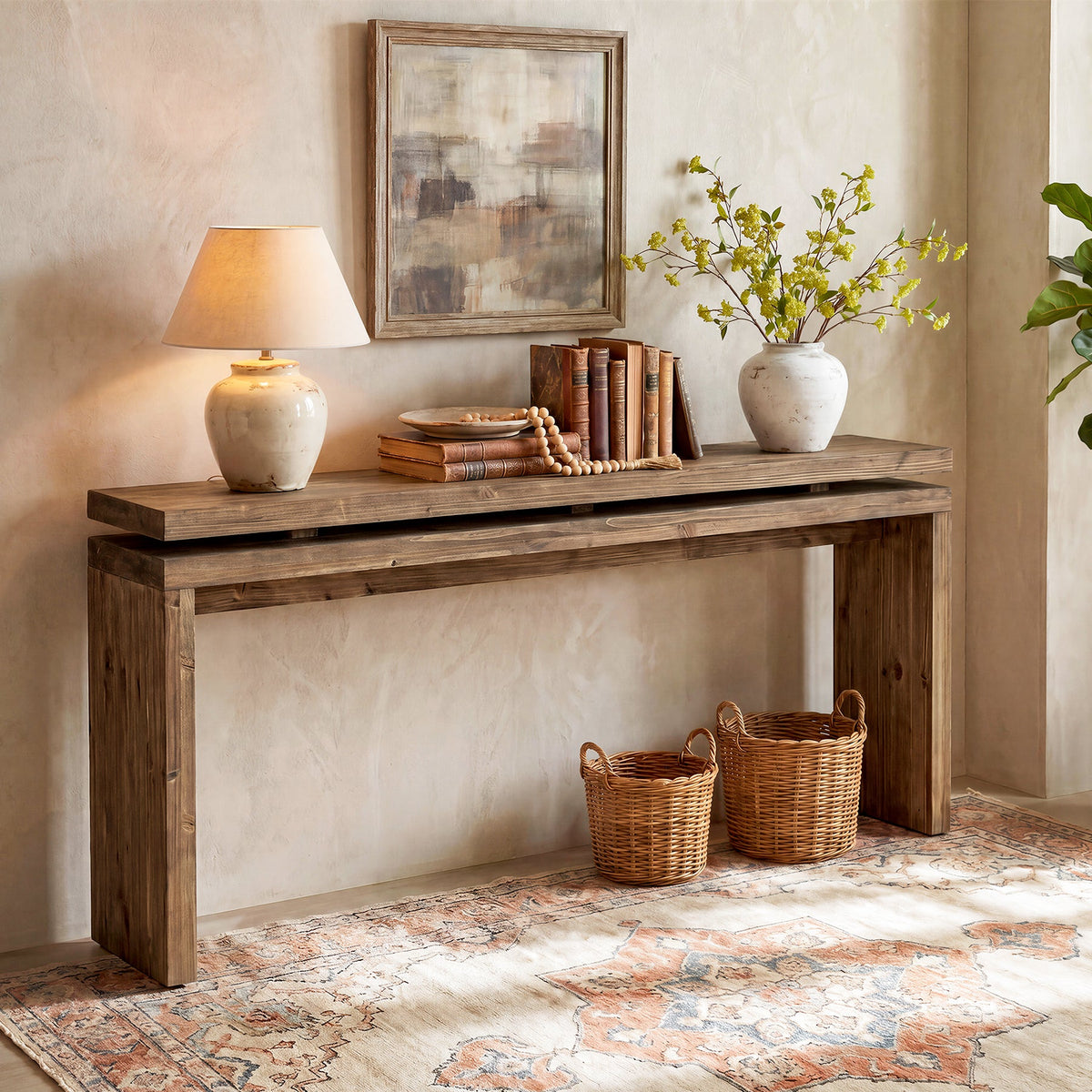 63-Inch Solid Wood Console Table with Double-Layer Top, Farmhouse Sofa Table for Entryway Hallway and Behind Couch