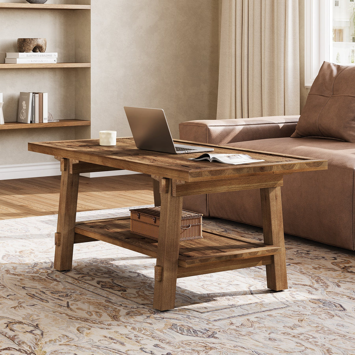 47 Inch Solid Wood Coffee Table, Rustic Farmhouse Rectangle Center Table