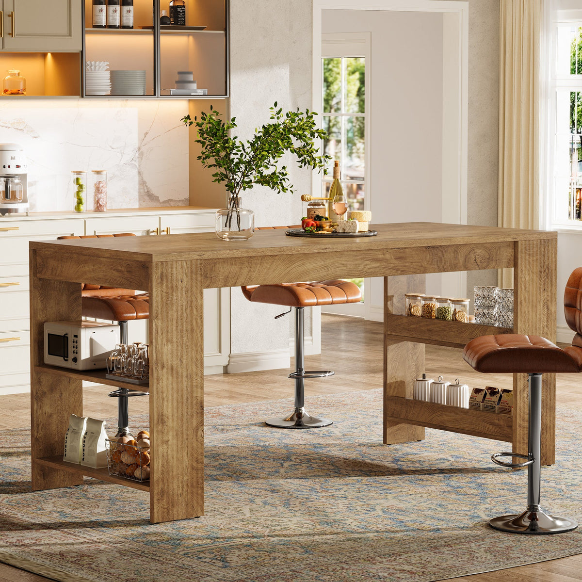 63 Inch Farmhouse Kitchen Island with Double-Sided Storage Shelves
