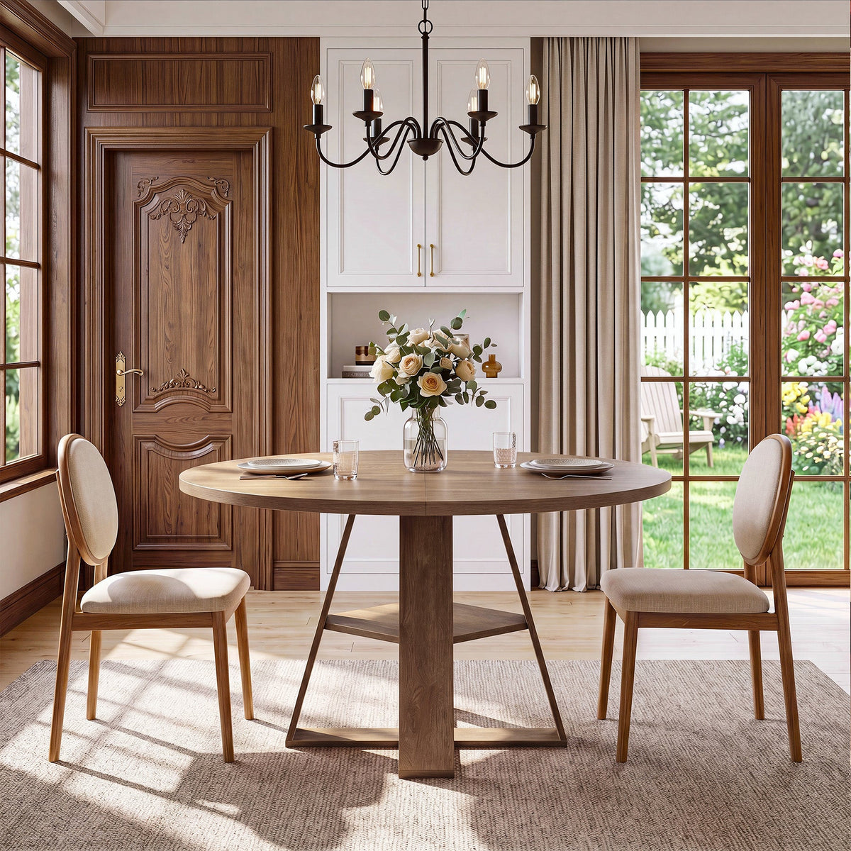 47.24-Inch Round Dining Table for 4-6, Modern Farmhouse Kitchen Table with X-Cross Pedestal Base and Storage Shelf for Dining Room