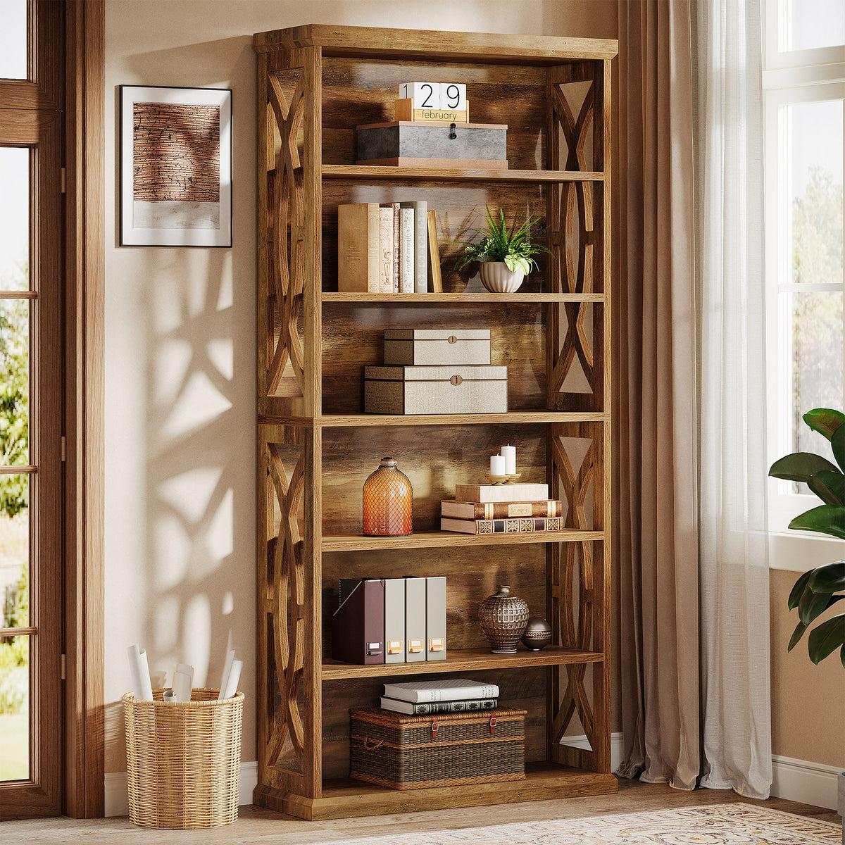 70.8-Inch Tall Bookshelf, 6-Tier Rustic Wooden Bookcase with Anti-Tipping Kit