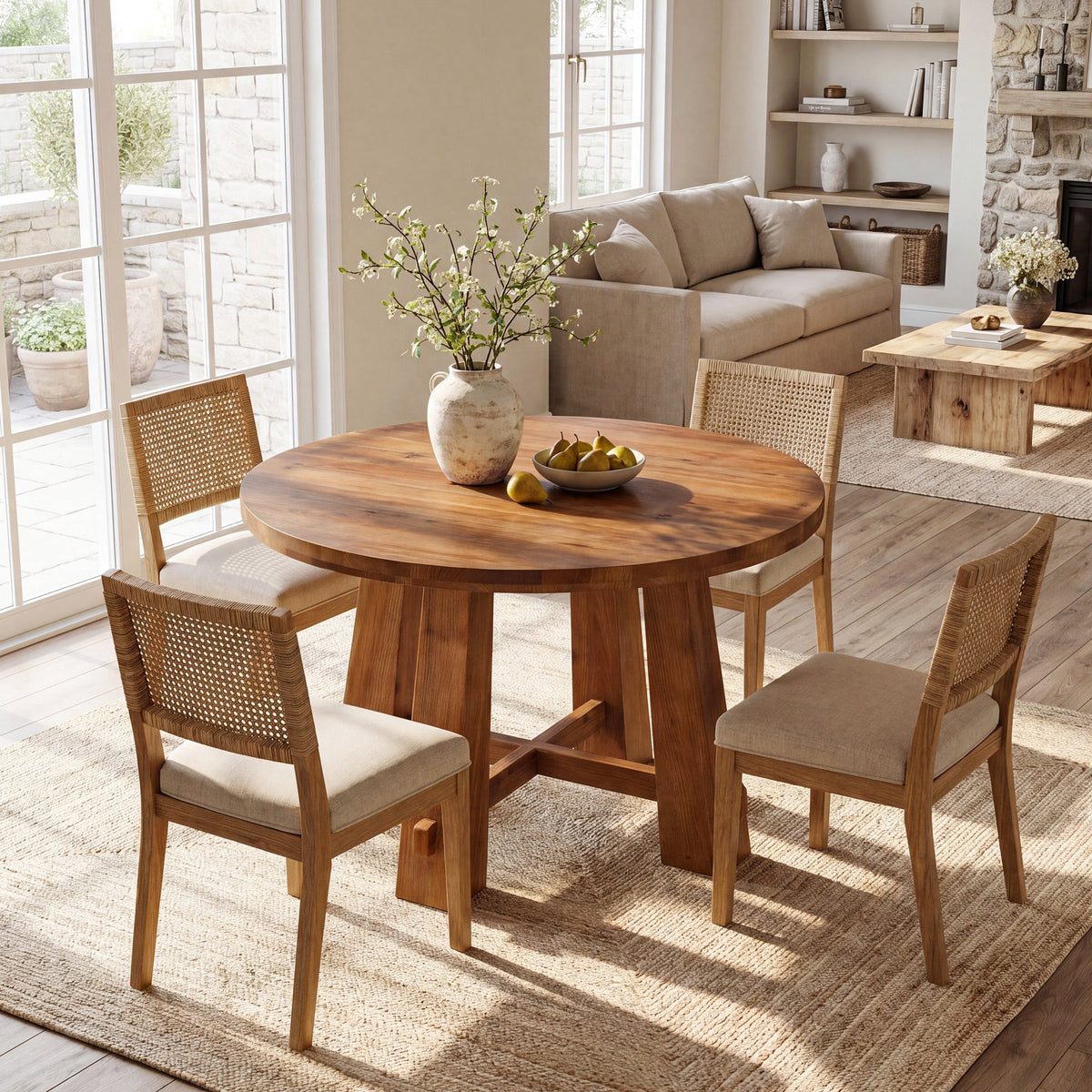39.4 Inch Solid Wood Round Dining Table with Cross Base, Farmhouse Kitchen Table for 2-4