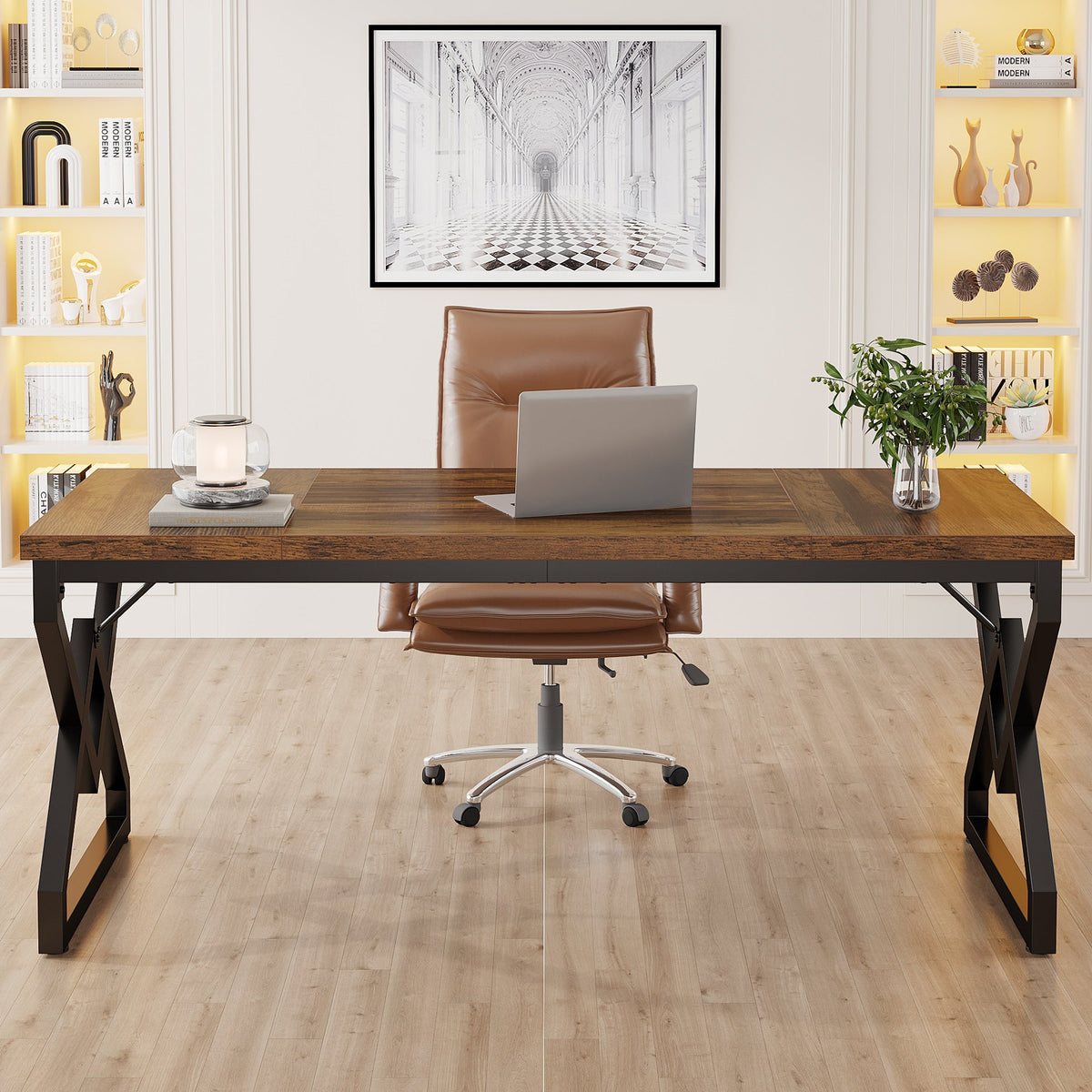 63-Inch Large Office Desk, Industrial Computer Executive Desk with Extra Thick Wood-Look Top and Metal Frame for Home Office
