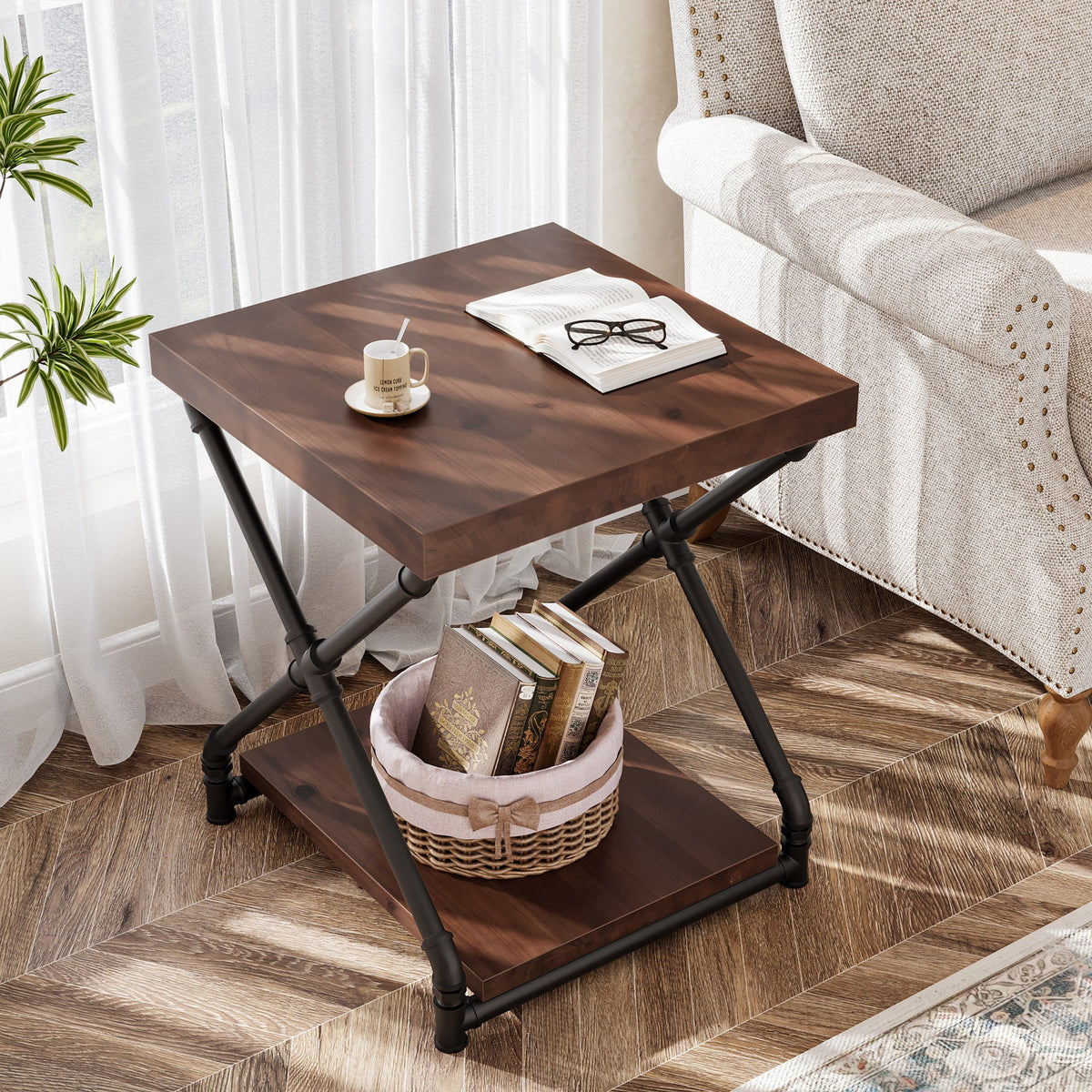 Solid Wood End Table with Storage Shelf and X-Shaped Legs, Small Wood Nightstand