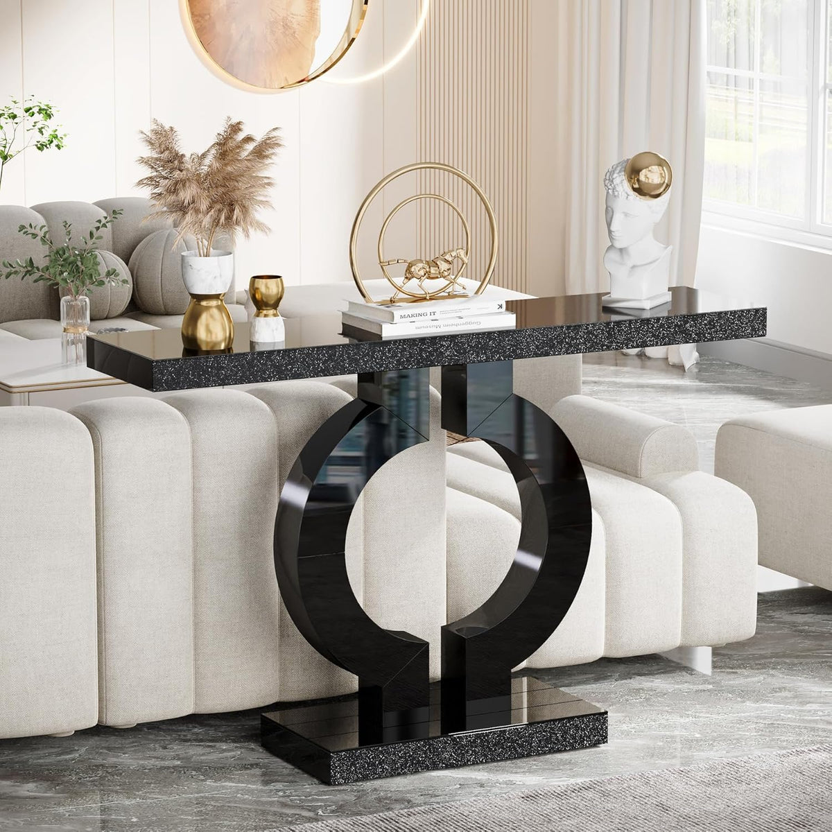43.1-Inch Mirrored Console Table with O-Shaped Base, Narrow Hallway Table in Black