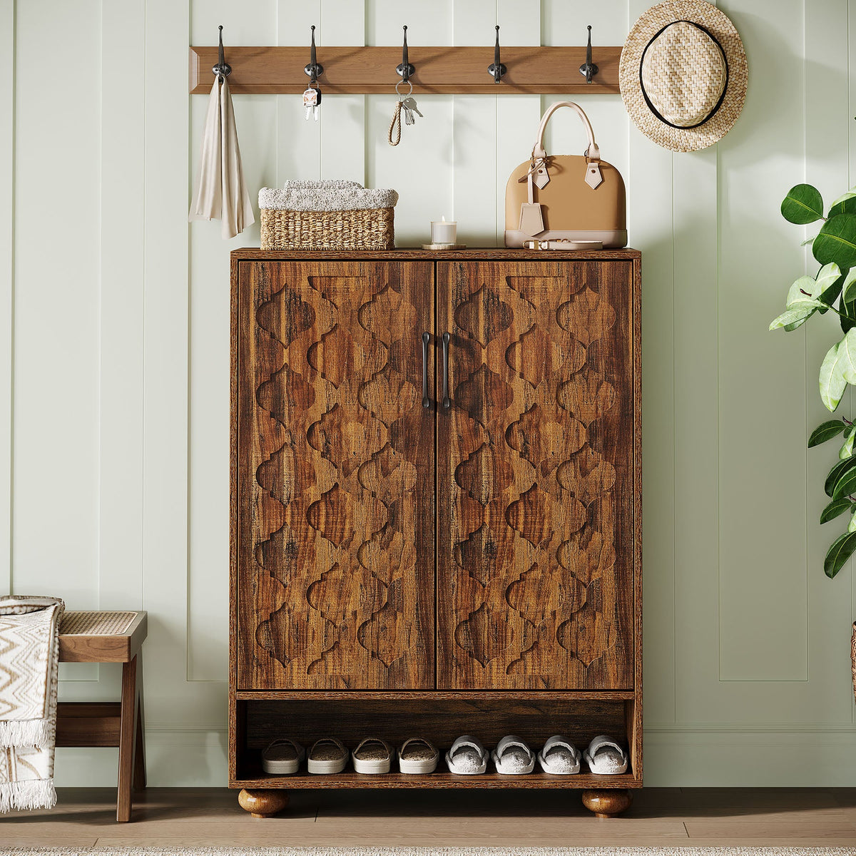 31.5-Inch Solid Wood Shoe Cabinet for Entryway, Farmhouse Tall Shoe Storage Cabinet with Doors and Adjustable Shelves for Hallway