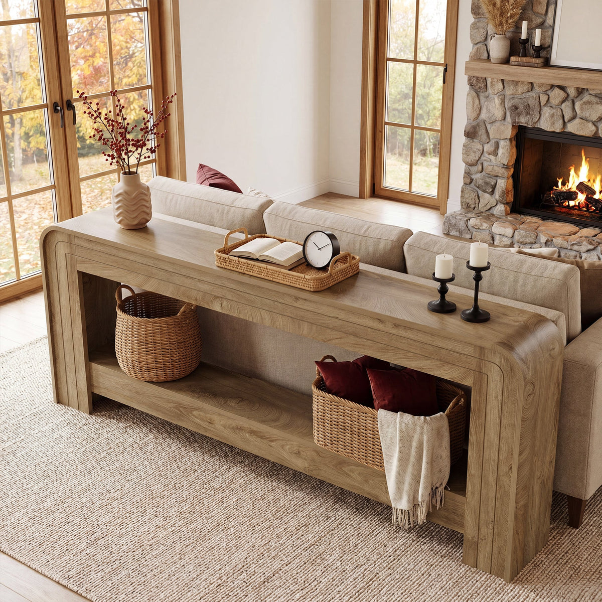 78.74 Inch Farmhouse Console Table with Open Storage Shelf and Curved Edges, Slim Entryway Sofa Table for Hallway