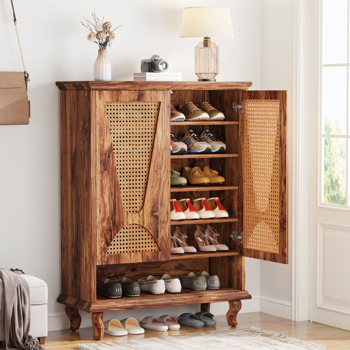 Rattan Shoe Cabinet, 5-Tier Hidden Shoe Storage for Entryway