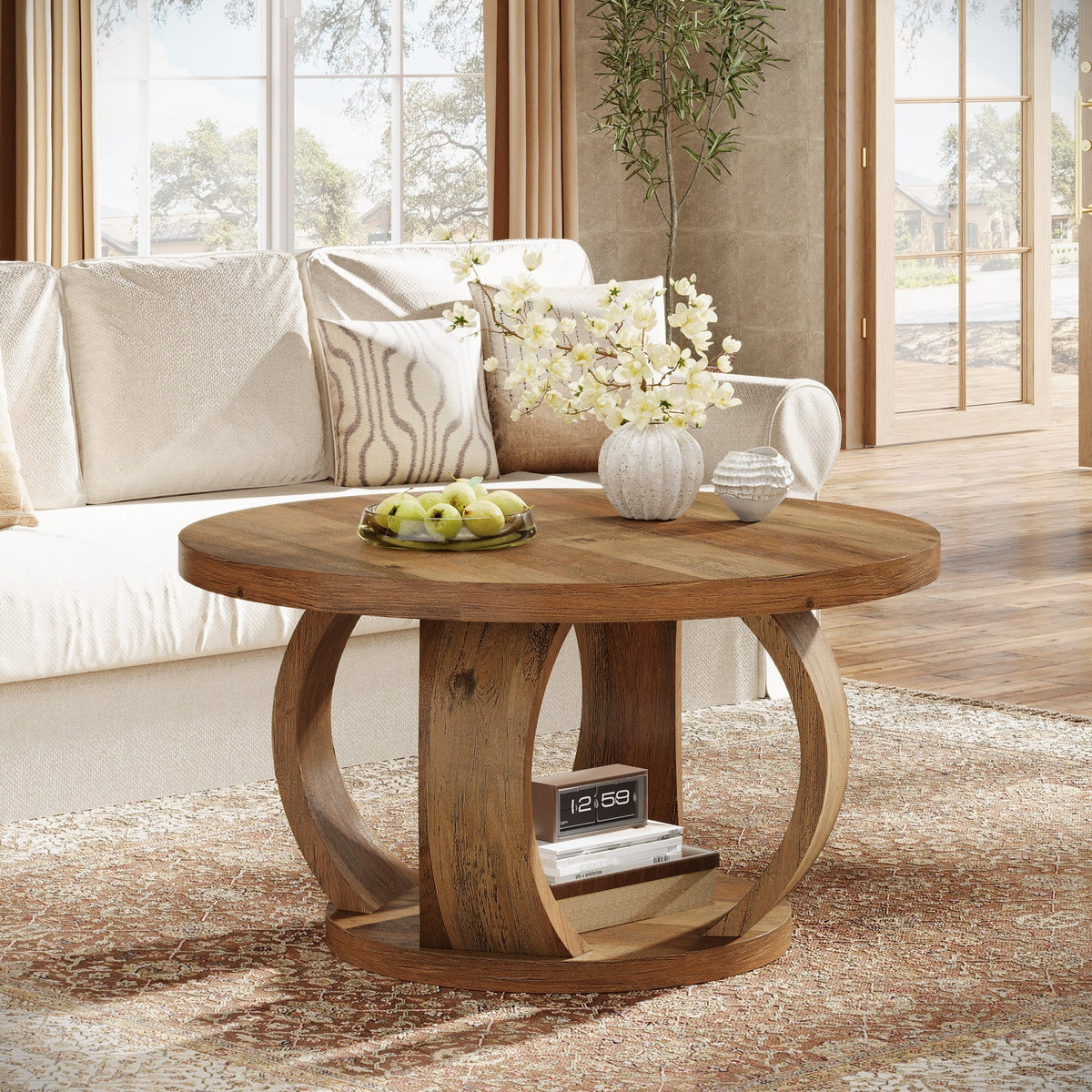 31.5" Wooden Circle Coffee Table, 2-Tier Storage for Small Spaces