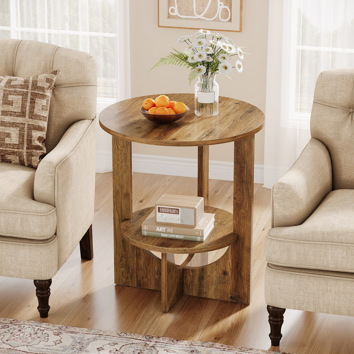 19.68-Inch Round End Table with Storage, 2-Tier Tall Side Table for Living Room and Bedroom