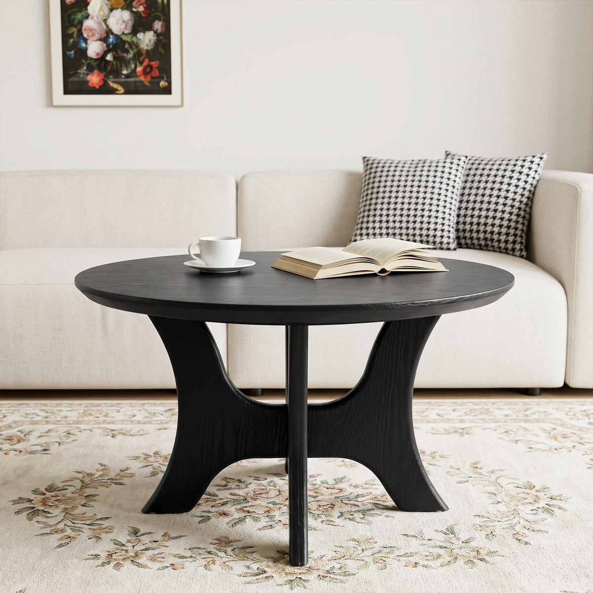 31.1 Inch Round Coffee Table with Cross Base, Modern Black Table for Living Room