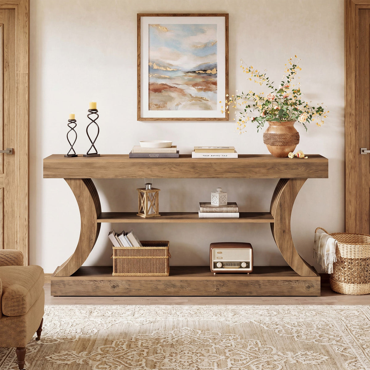 70.9-Inch 3-Tier Console Table with Curved Base, Farmhouse Hallway Table with Storage
