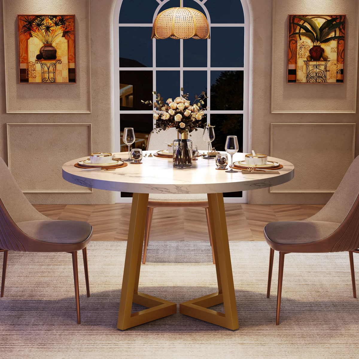 31.5-Inch Round Dining Table for 2, Compact Kitchen Table with Geometric Metal Base#Colour_White