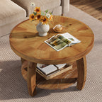 31.5-Inch Solid Wood Round Coffee Table, 2-Tier Center Table with Mosaic Pattern and Storage