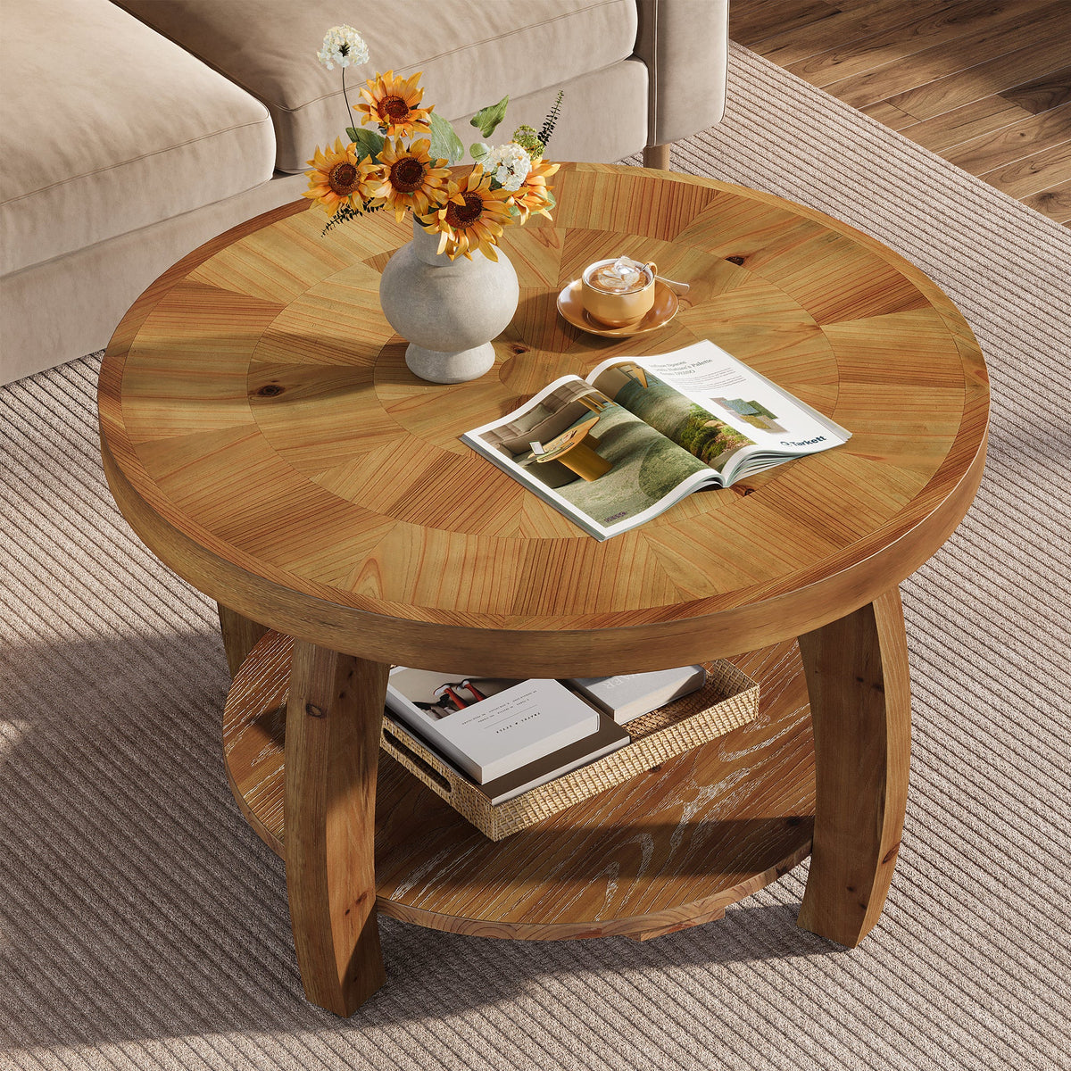 31.5-Inch Solid Wood Round Coffee Table, 2-Tier Center Table with Mosaic Pattern and Storage