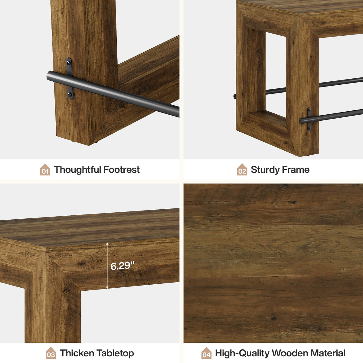 59-Inch Industrial Bar Table with Metal Footrest, Counter Height Pub Table for Kitchen