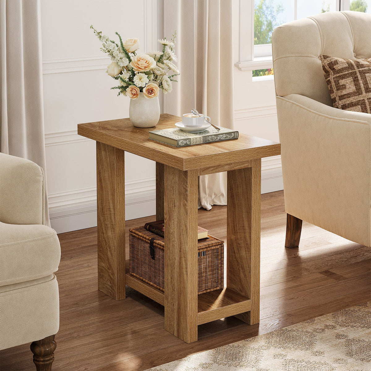 27.6-Inch Wooden Side Table with 2-Tier Shelf, Farmhouse End Table for Small Spaces