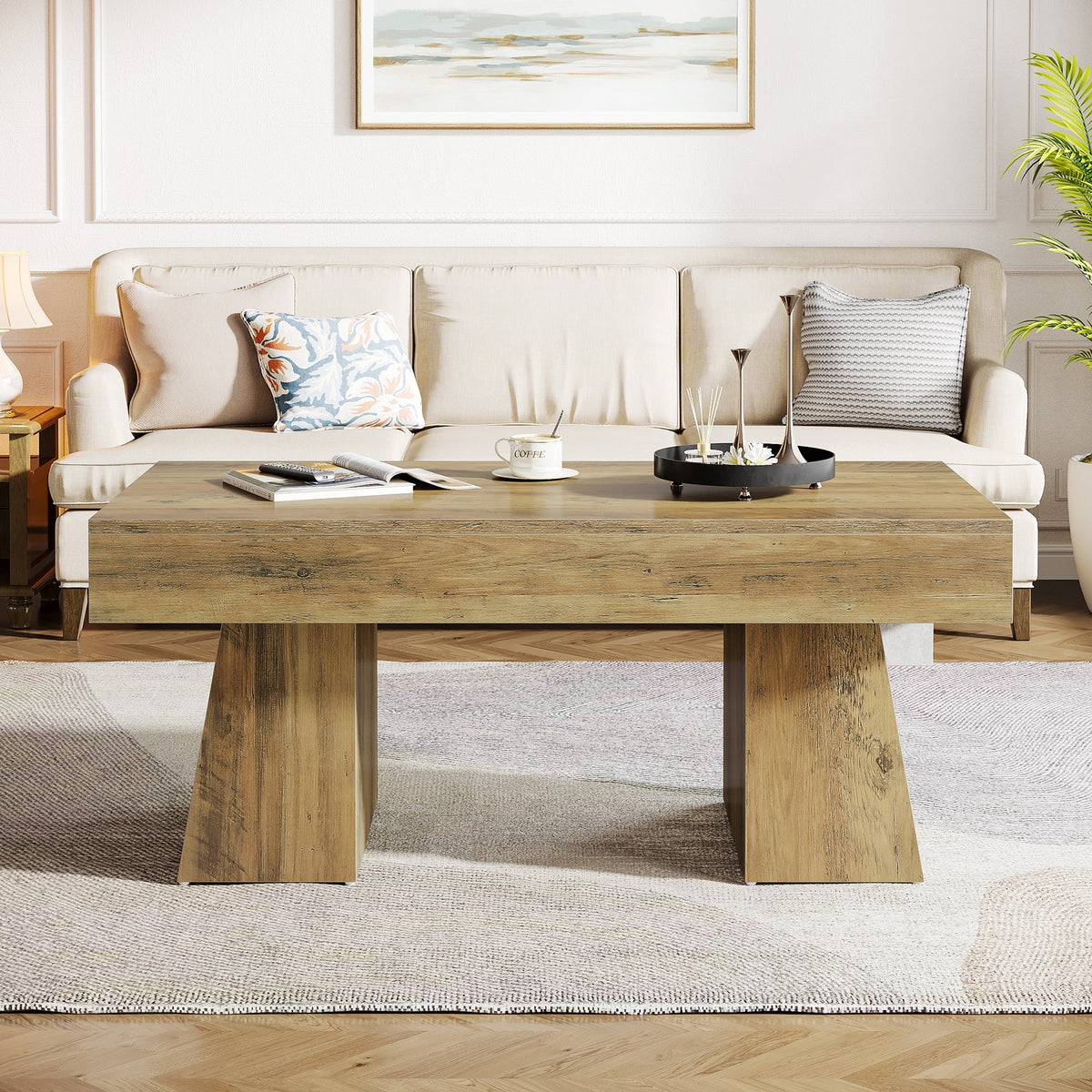 47-Inch Farmhouse Rectangular Coffee Table, Wooden Center Table with Thick Sculptural Base