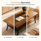 47 Inch Solid Wood Coffee Table, 2-Tier Farmhouse Center Table with Storage Shelf and Curved Metal Legs