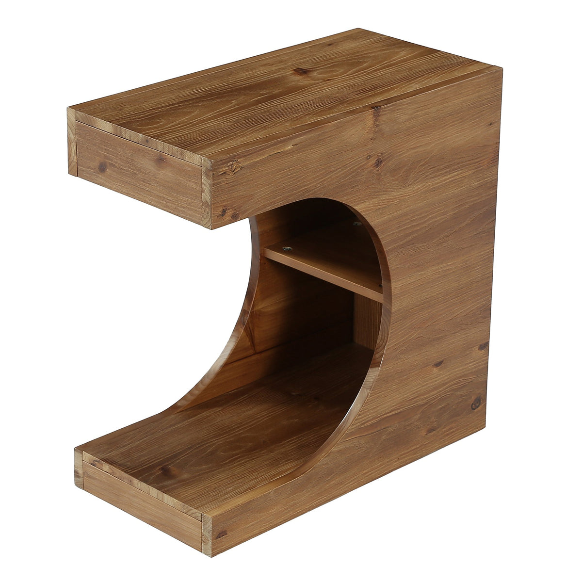 11.8-Inch Wide Solid Wood C-Shaped Side Table with 2-Tier Storage Shelf