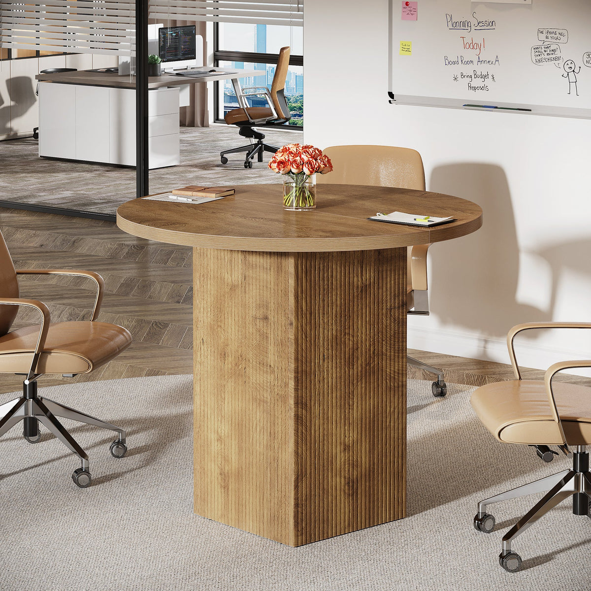 31.5-Inch Round Conference Table with Fluted Pedestal Base, Small Office Meeting Table for Conference Room Study and Home Office