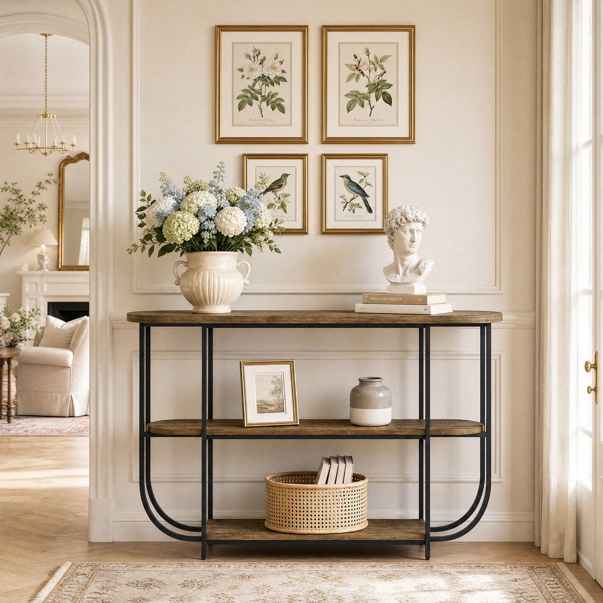 63-Inch 3-Tier Narrow Console Table with Curved Metal Frame, Modern Vintage Entryway Sofa Table for Living Room