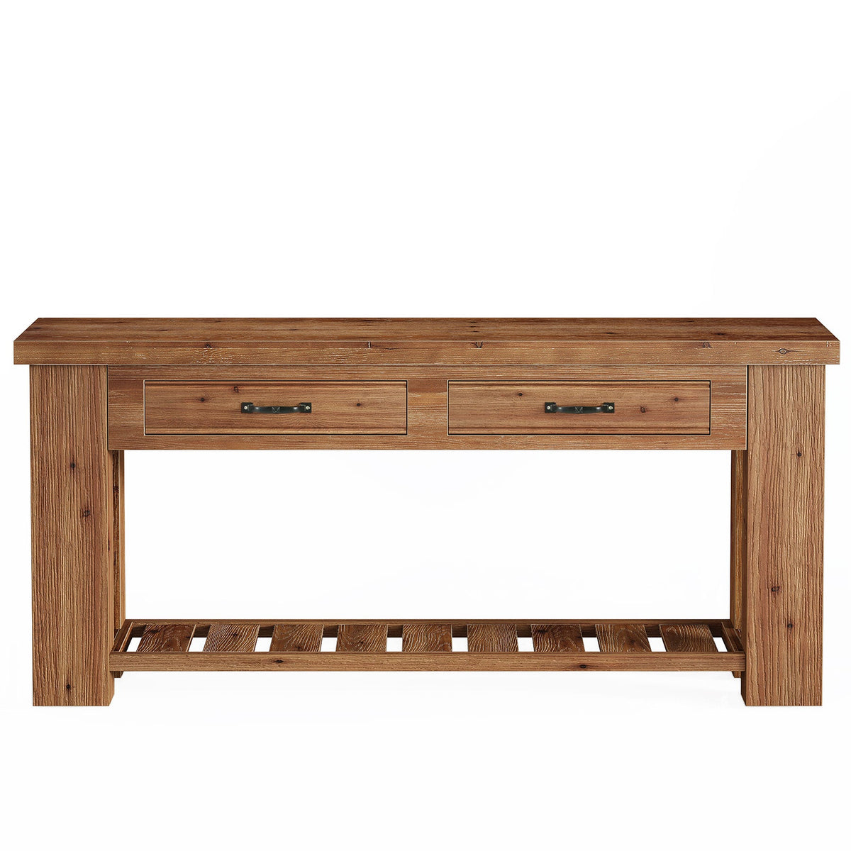 63-Inch Farmhouse Console Table with Solid Fir Wood Frame and 2 Drawers, Long Entryway Sofa Table with Slatted Shelf