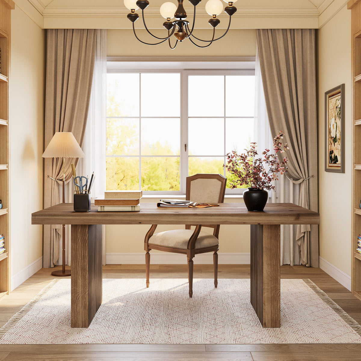 63-Inch Solid Wood Executive Desk with Spacious Tabletop and Sturdy Wooden Legs, Farmhouse Computer Desk for Home Office Study and Workstation