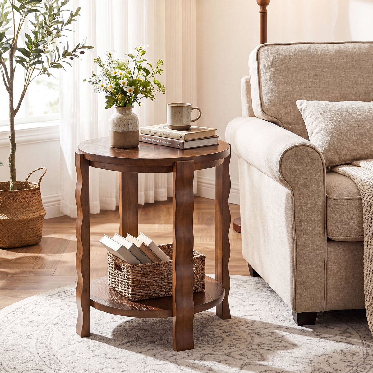 19.69-Inch Round Side Table with 2-Tier Storage, Solid Wood End Table for Living Room