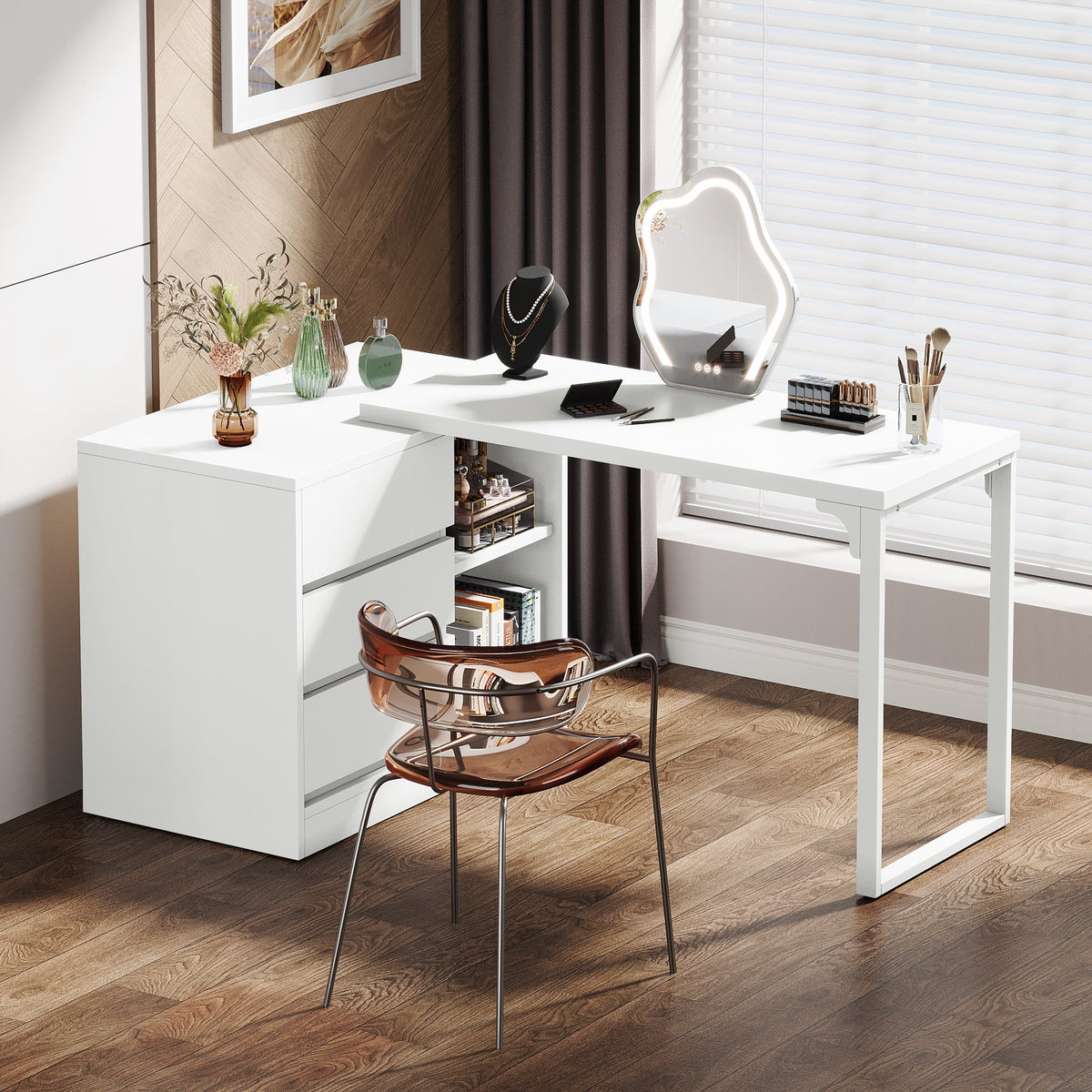 Vanity Desk with 3 Drawers and 2 Shelves, Matte White Makeup Table with Reversible Storage Cabinet for Bedroom
