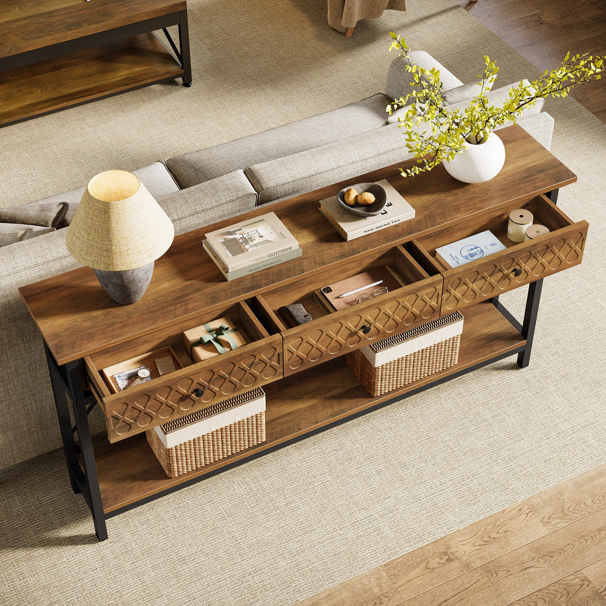 70.86-Inch Extra Long Console Table with 3 Drawers and Storage Shelf, Industrial Narrow Sofa Table for Living Room Entryway and Hallway