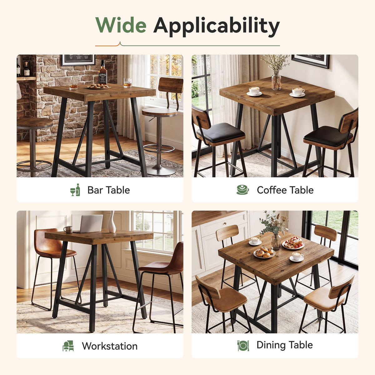 31.5-Inch Square Bar Table with Solid Wood Top and Metal Footrest, Industrial Pub Table for Home Bar Kitchen and Cafe