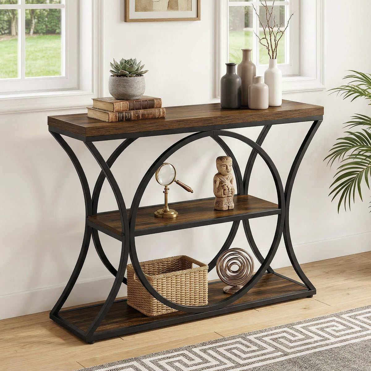43.34" Industrial Console Table with 3-Tier Storage, Sofa Table for Living Room Hallway Behind Couch